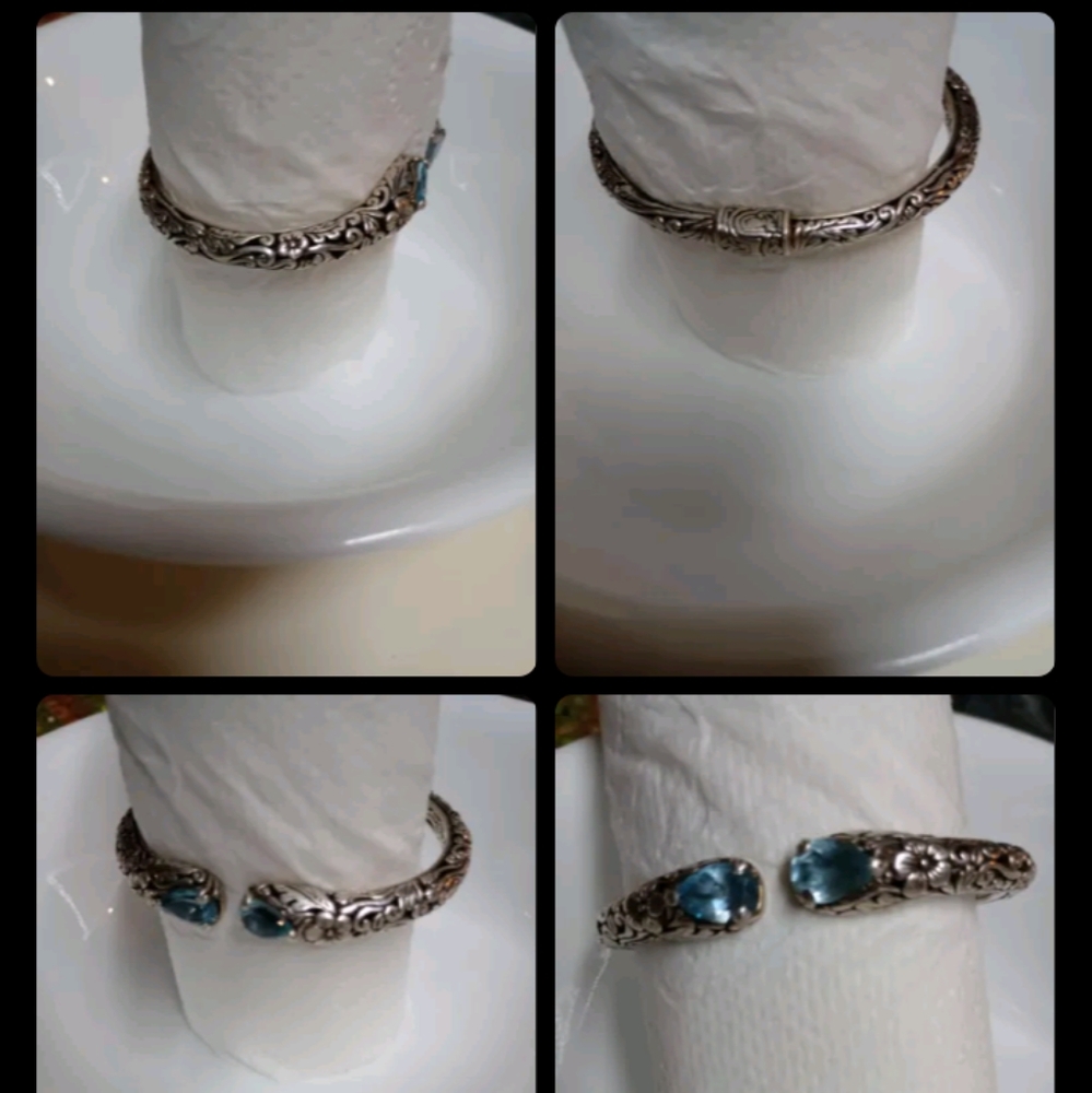 Vintage ATI ID Sterling Silver Blue Topaz Hinged Cuff Bracelet Indonesia